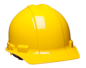 Yellow construction safety hard hat helmet at slight angle isolated on white background for use...