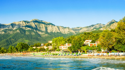 Fototapeta premium Psili Ammos beach, Thassos island, Greece. It is known as Golden beach. It is situated between Skala Panagia and Skala Potamia.