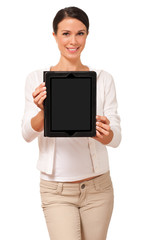 Young Woman Showing Digital Tablet Computer isolated on white background