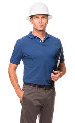 Causal Businessman Architect Engineer with Notebook on White