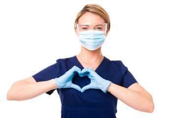 Female Doctor Nurse dental hygienist making heart shape over her heart isolated on white background...