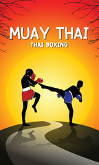 Muay Thai (Thai boxing) vector in sunset scenes background, Red and Blue Fight Fighter