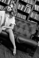 Beautiful sexy girl, library, interior studio