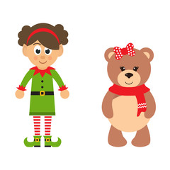 cartoon christmas elf girl and winter teddy on a white background