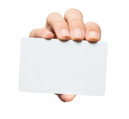 Manicured woman's hand holding blank credit business gift membership card isolated on white...