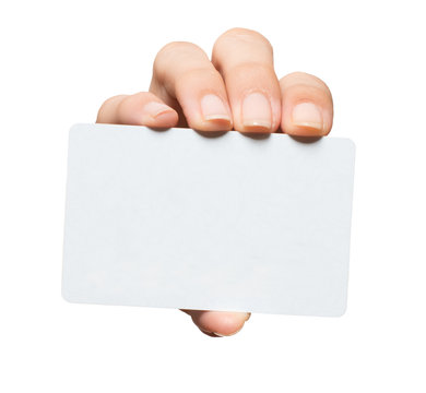 Manicured woman's hand holding blank credit business gift membership card isolated on white background