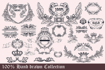 Collection of wreath, frames and ornaments for design. Hand draw