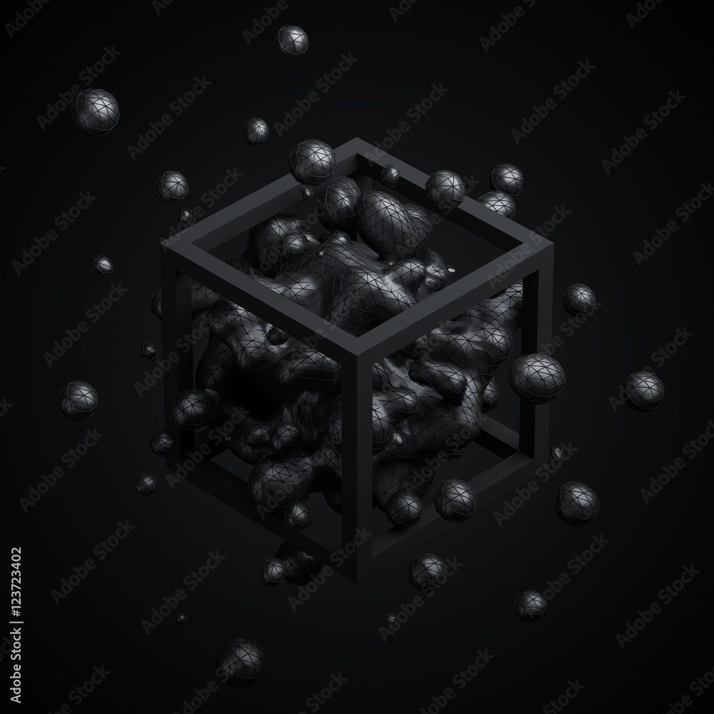 Poster abstract 3d rendering of chaotic liquid in cube. background with dynamic fluid splash. design elemen