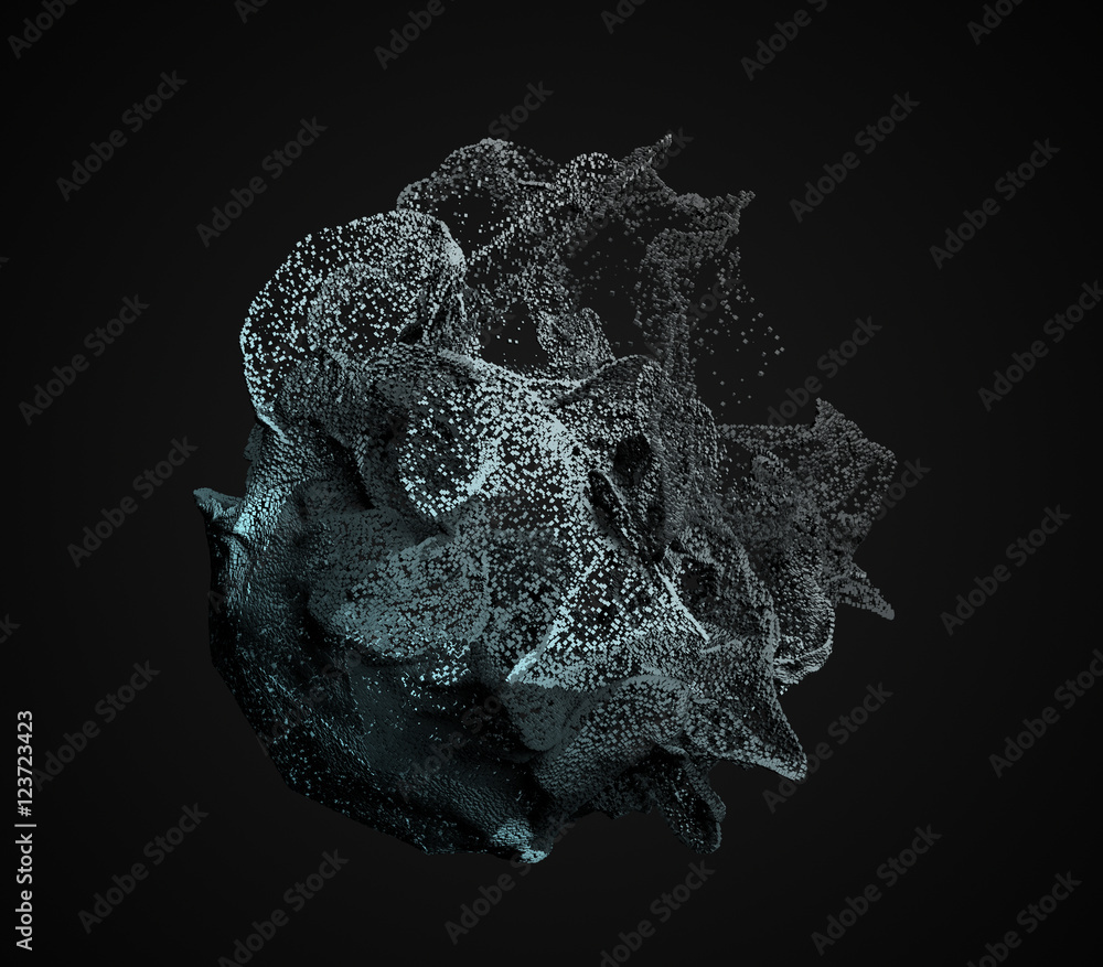 Poster abstract 3d rendering of chaotic particles. flying cubes in empty space. dynamic shape. futuristic b