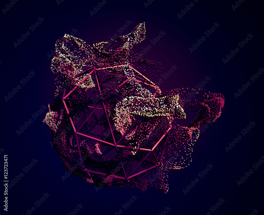 Poster abstract 3d rendering of chaotic particles. flying cubes in empty space. dynamic shape. futuristic b