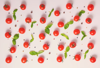 top view of beautiful trendy pattern cherry tomato, dry peppers