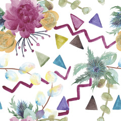Seamless pattern with Beautiful Peony flowers and triangles .Watercolor painting