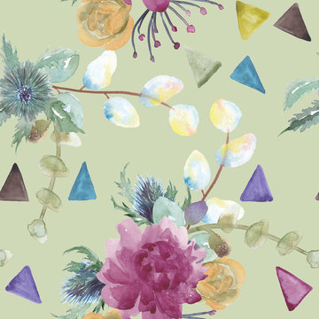 Seamless pattern with Beautiful Peony flowers and triangles .Watercolor painting