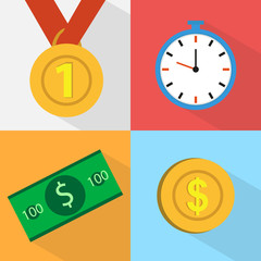 Set of icons. Watch medal. Coins and bills. Money. Flat design.