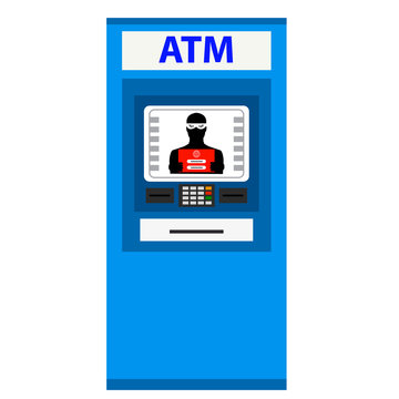 Thief. Hacker Stealing Sensitive Data From ATM Machine.