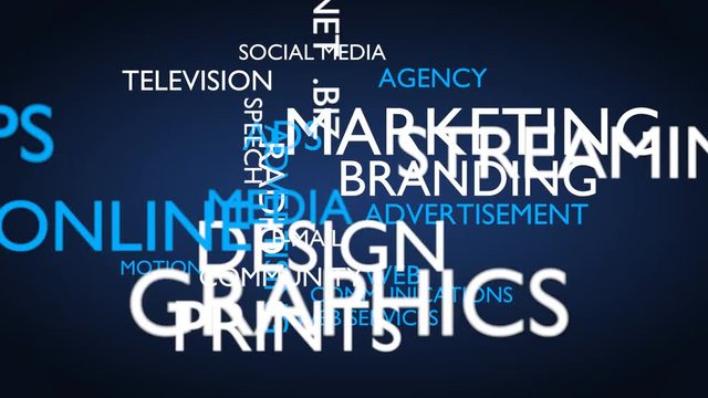 Marketing, branding word tag cloud - blue, English variant, 3D rendering, UHD