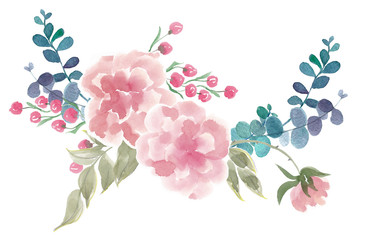 Colorful floral collection with leaves and england rose flowers, drawing watercolor. Design for invitation, wedding or greeting cards