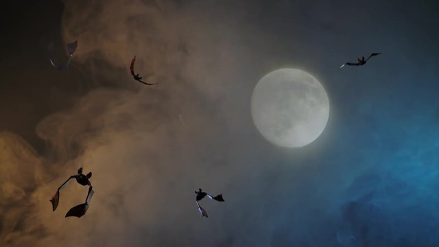 bats are flying on the background of Halloween night moon background render 3D