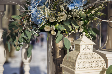 Wedding decor. A bouquet made of tree branches, white and blue f