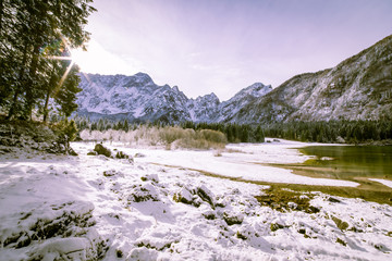 first snow at the mountain lake
