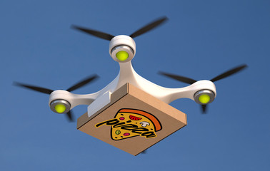 Air drone carrying single pizza box.