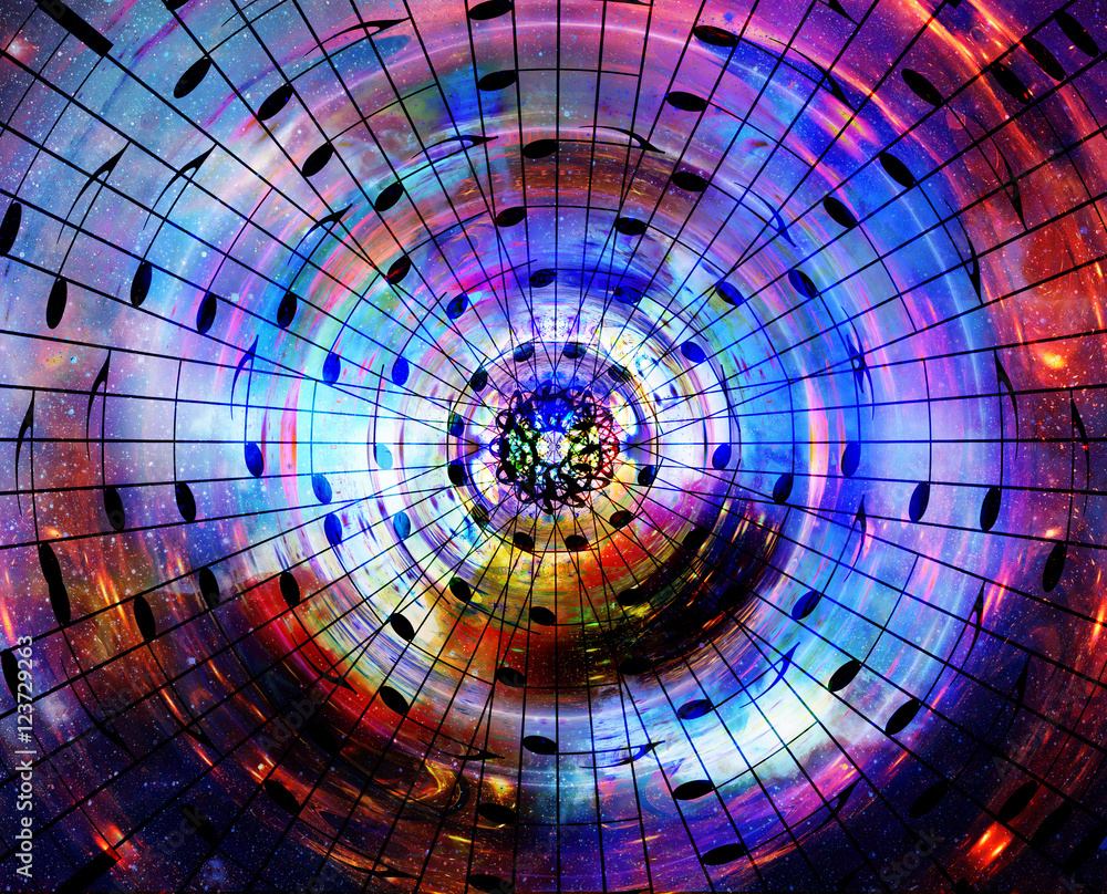Poster music notes in space with stars. abstract color background. music concept.