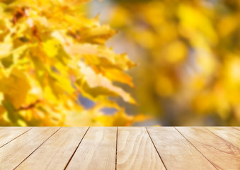 Yellow wooden desk top with golden leaves
