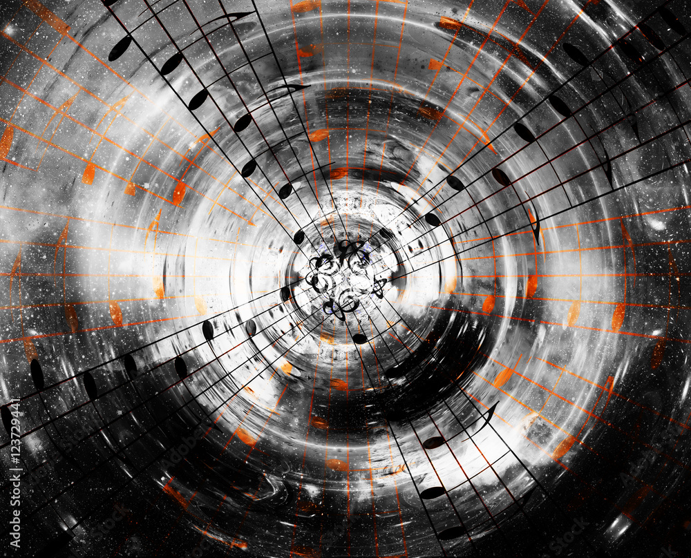 Poster music notes in space with stars. abstract color background. music concept.