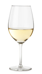 Single white chardonnay wine glass isolated on white background - obrazy, fototapety, plakaty
