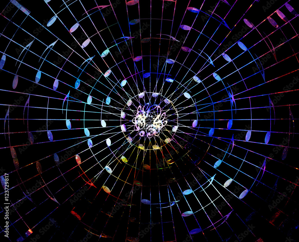Poster music notes in space with stars. abstract color background. music concept.