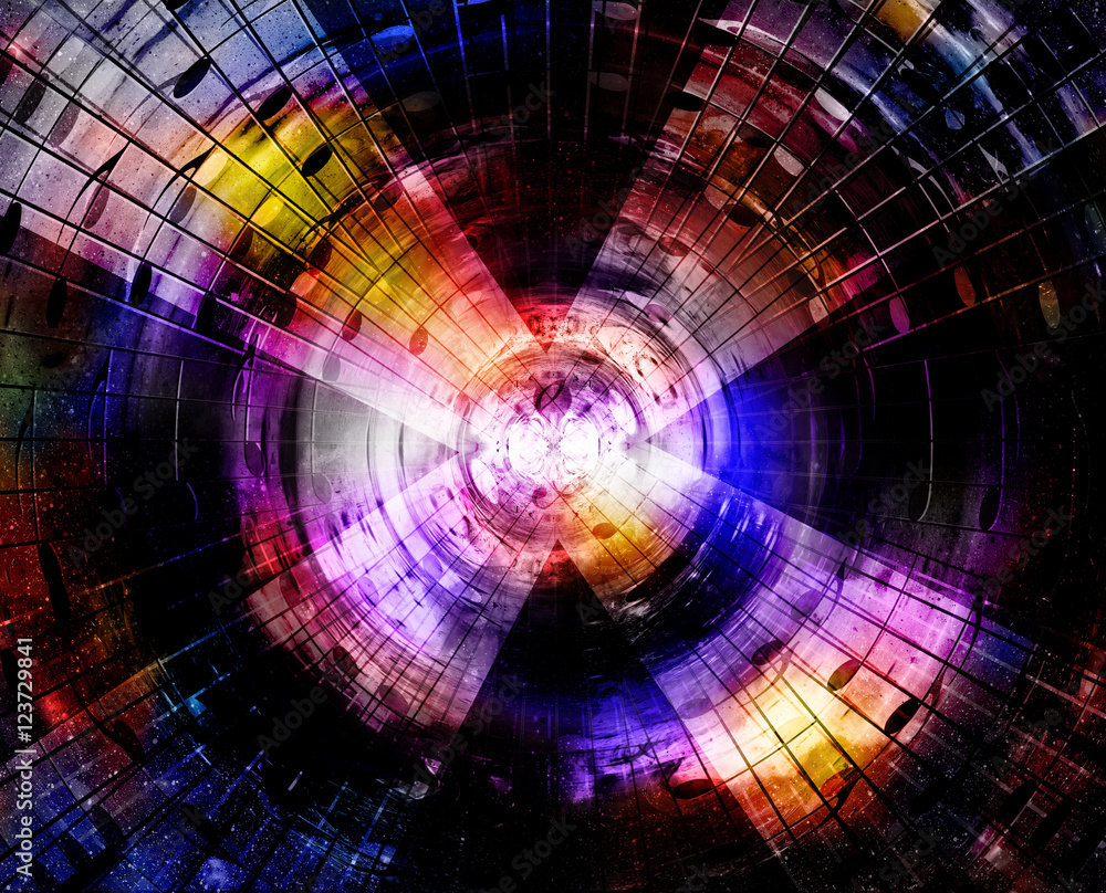 Poster music notes in space with stars. abstract color background. music concept.