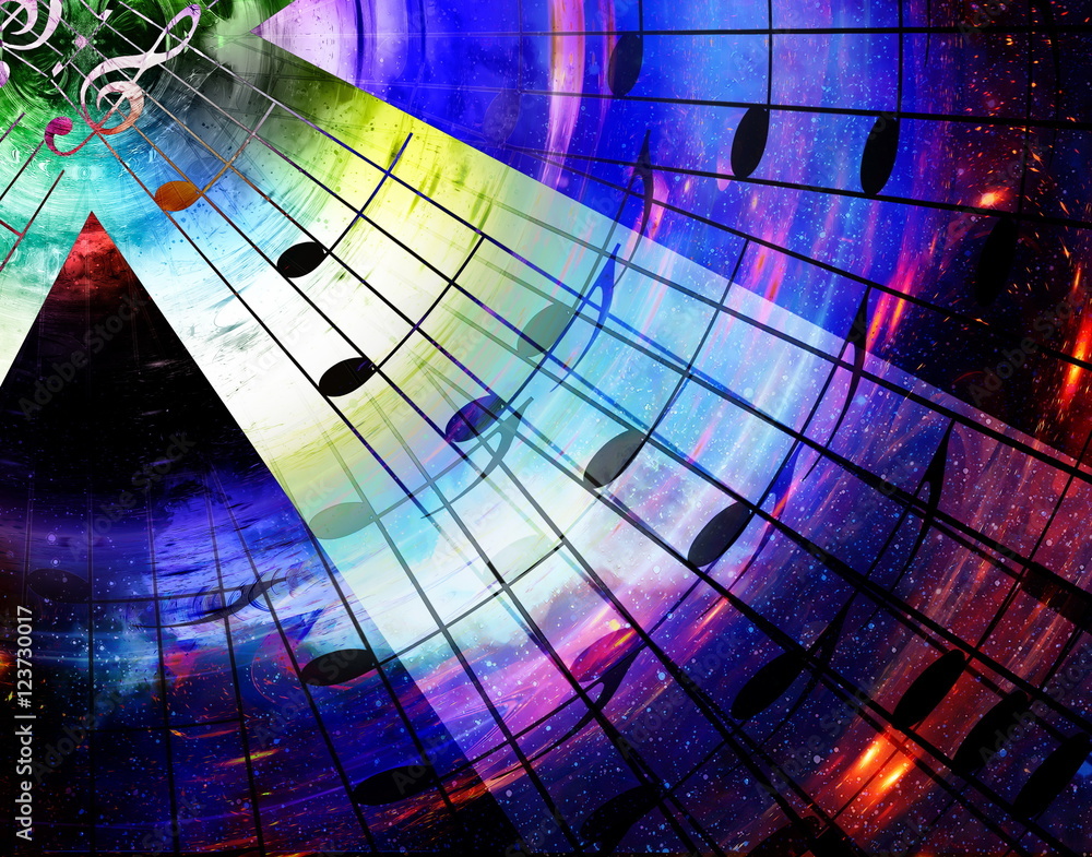 Poster music notes in space with stars. abstract color background. music concept.