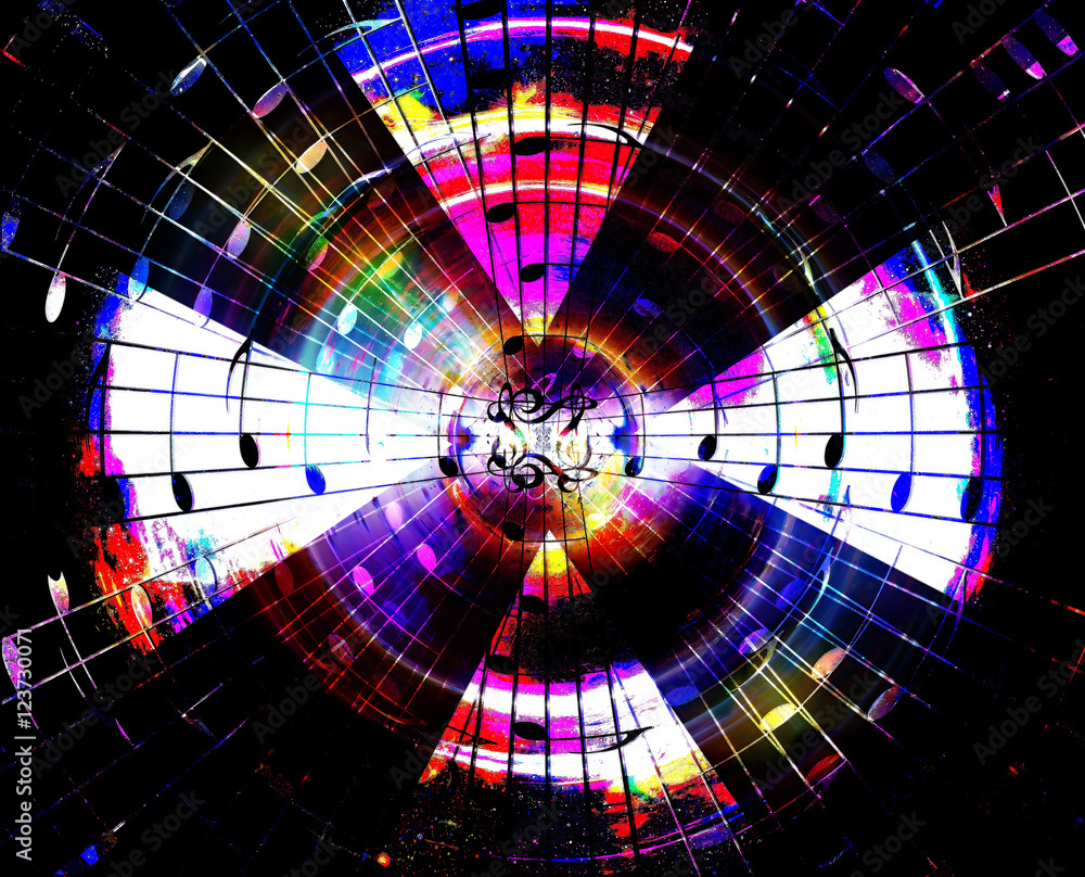 Poster music notes in space with stars. abstract color background. music concept.