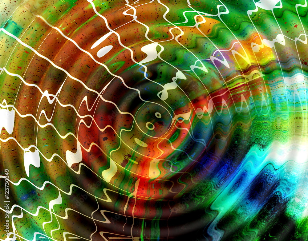 Poster wavy music notes in space with stars. abstract color background. music concept.