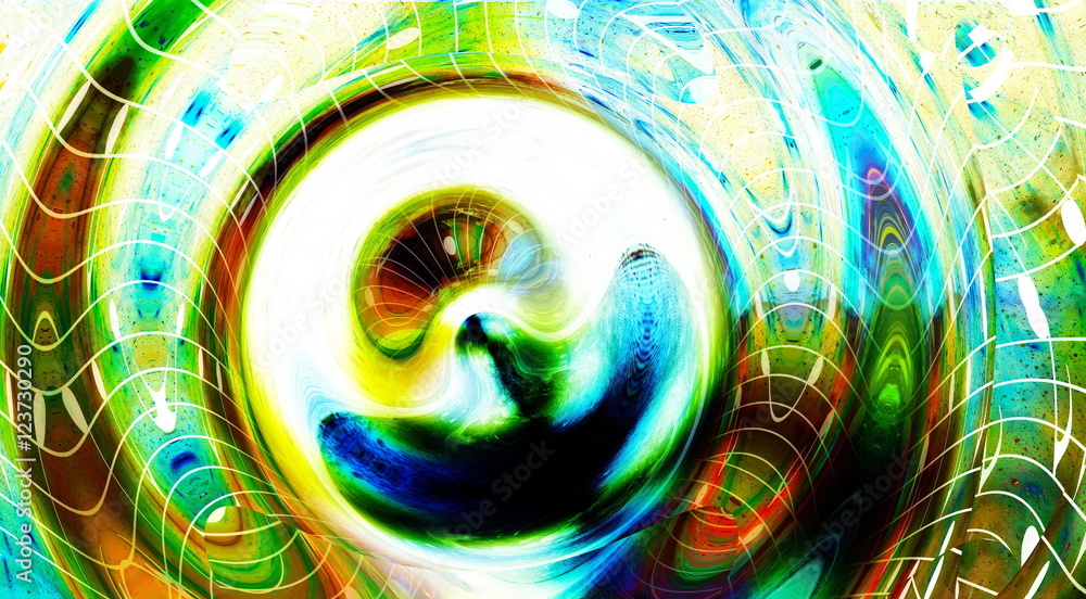 Poster wavy music notes in space with stars. abstract color background. music concept.