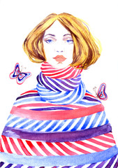  Fashion illustration, beautiful girl in striped warm clothing and butterflies, hand painted watercolor