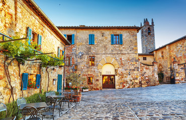 Monteriggioni ancient historical city square, Italy.
