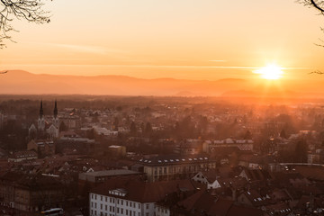 sunset on the city of Ljubljana