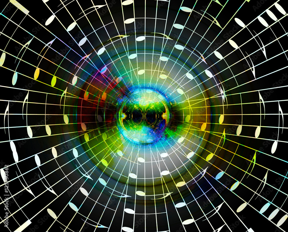 Poster music notes in space with stars. abstract color background. music concept.