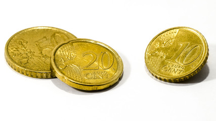 view of euro cent coins over a white background