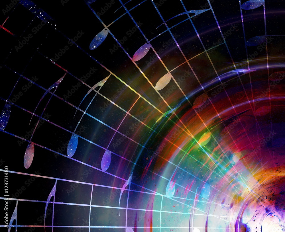 Poster music notes in space with stars. abstract color background. music concept.