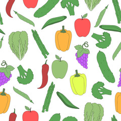 Vector vegetables and fruits pattern. hand-drawn healthy food seamless background.