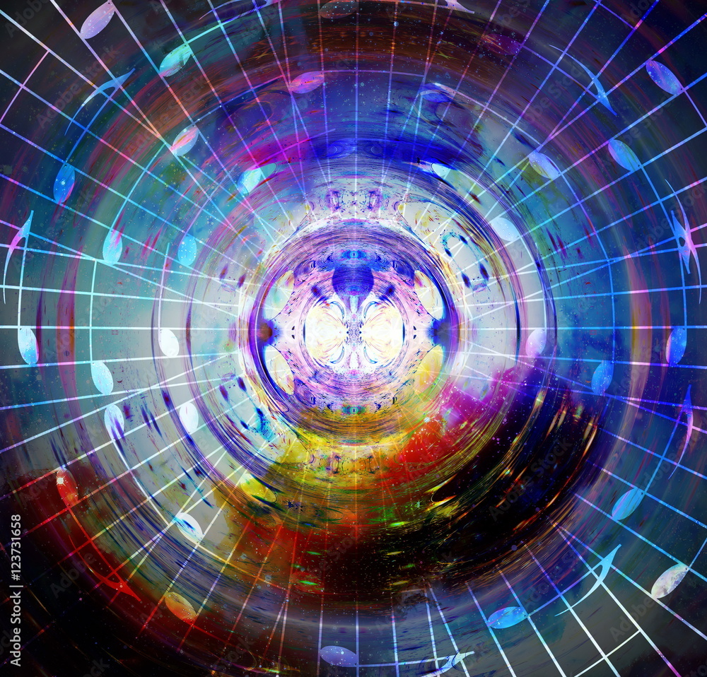 Poster music notes in space with stars. abstract color background. music concept.