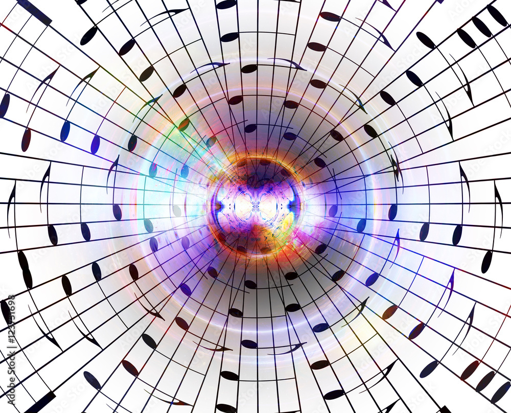 Poster music notes in space with stars. abstract color background. music concept.