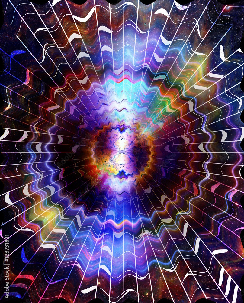 Poster wavy music notes in space with stars. abstract color background. music concept.