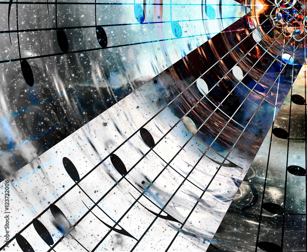 Poster music notes in space with stars. abstract color background. music concept.