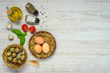 Quail and Chicken Eggs with Copy Space