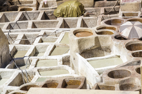 Picture showing unique tanneries in Morocco's Fes.