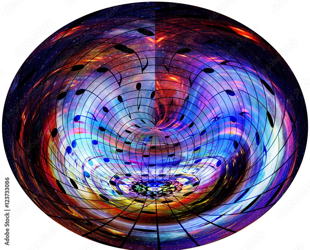 Poster wavy music notes in space with stars. abstract color background. music concept.