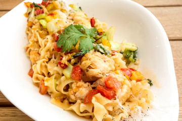 Spaghetti with Shrimp and tomato on a the table